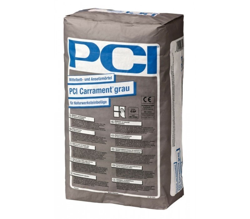 Adesivo para ladrilhos PCI Carrament cinzento para revestimentos em pedra natural e grés porcelânico 25Kg